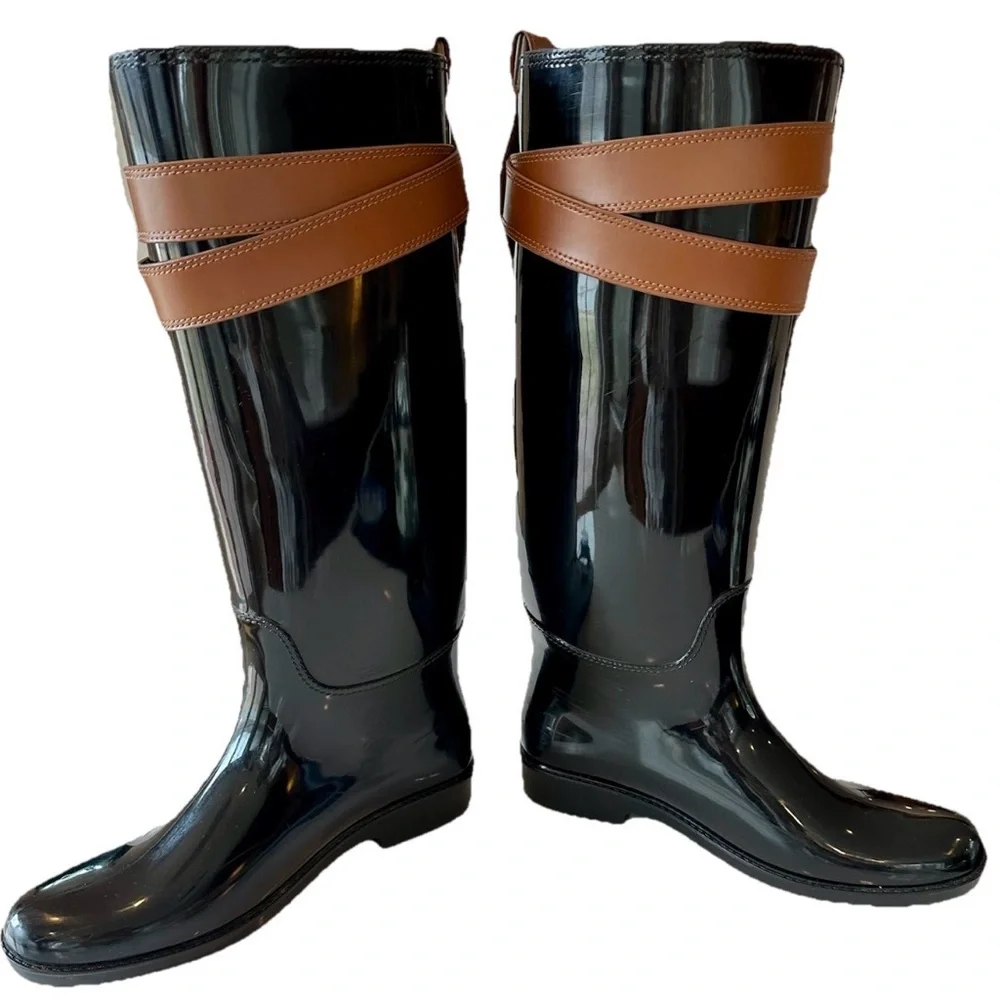 Coach Talia Knee High Rain Boots 9 Glossy Black Brown Buckle Preppy Outdoors